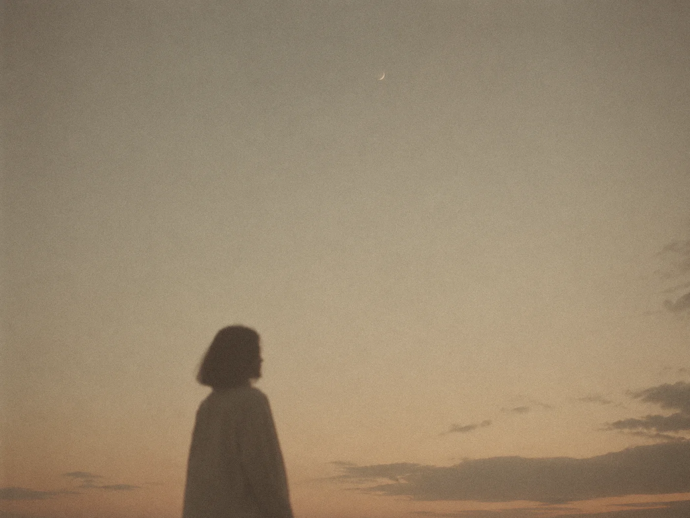 A figure stands under a dusk sky with a thin crescent moon high above.